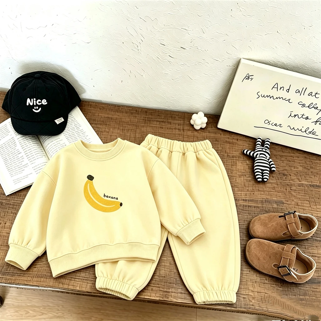 Banana Apple Print Hoodie Solid Color Sweatpants 2pcs For Children Casual Loose Crewneck Pullovers All-match Pants Autumn Wear