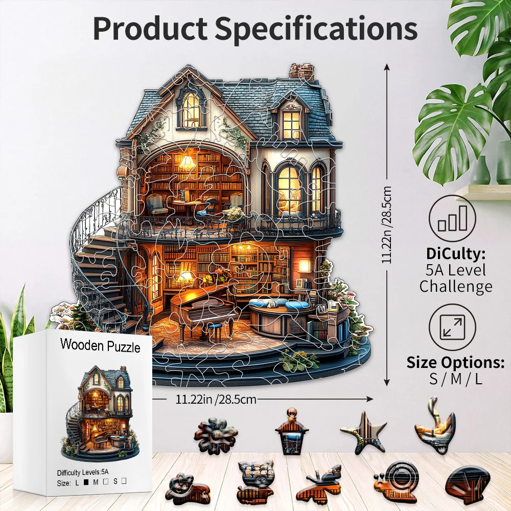 Library Villa Wooden Jigsaw Puzzle For Adults, Irregular Unique Shape Basswood Puzzle, Challenging 5A Level Artwork, Home Decor