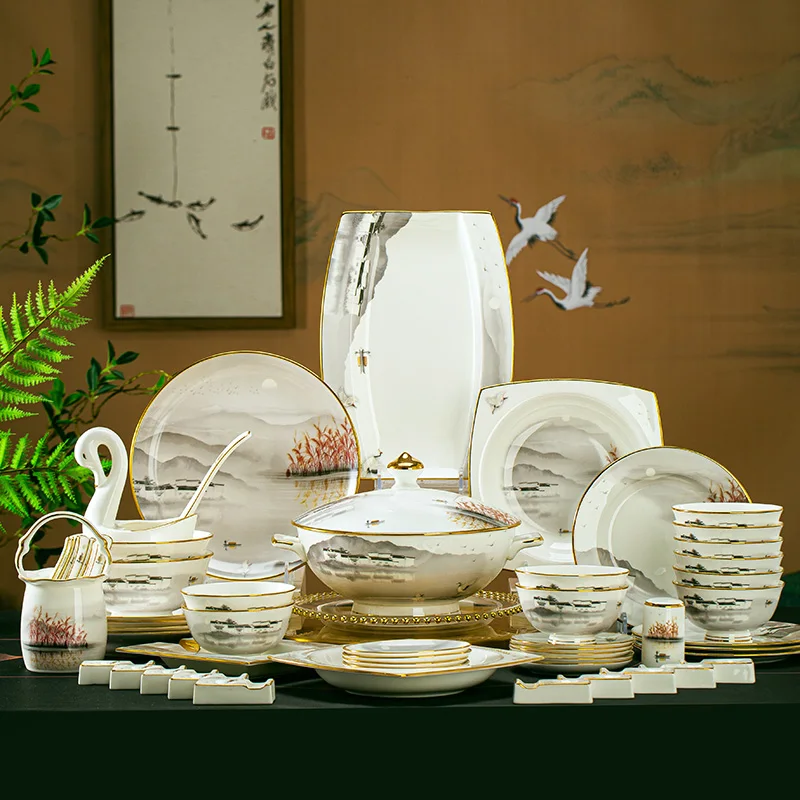 Ink and wash style bowl and plate set, high-end bone porcelain tableware, landscape painting set