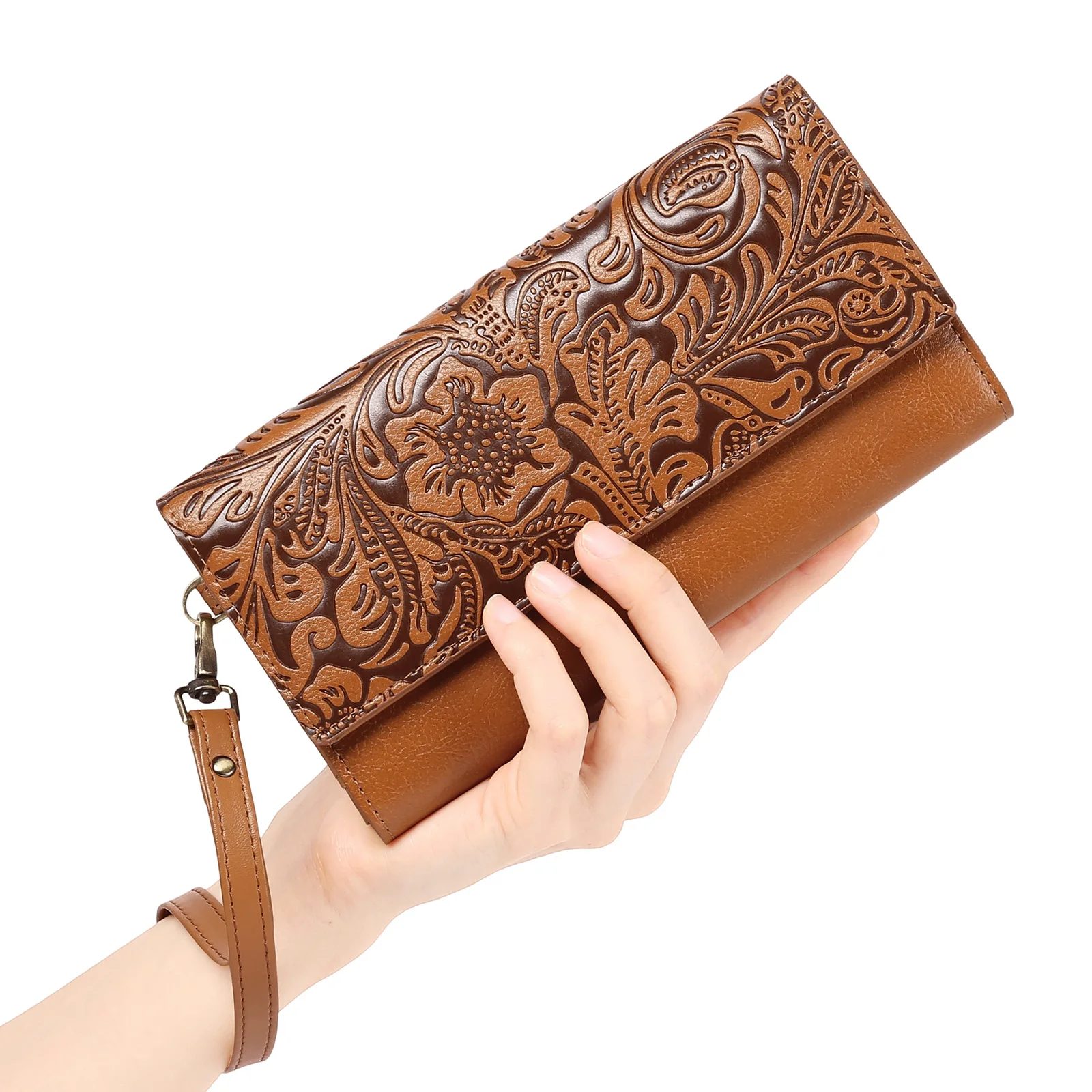 

PU leather lady's long three-fold wallet with vintage embossed pattern, large capacity for mobile phone storage, wrist carry bag