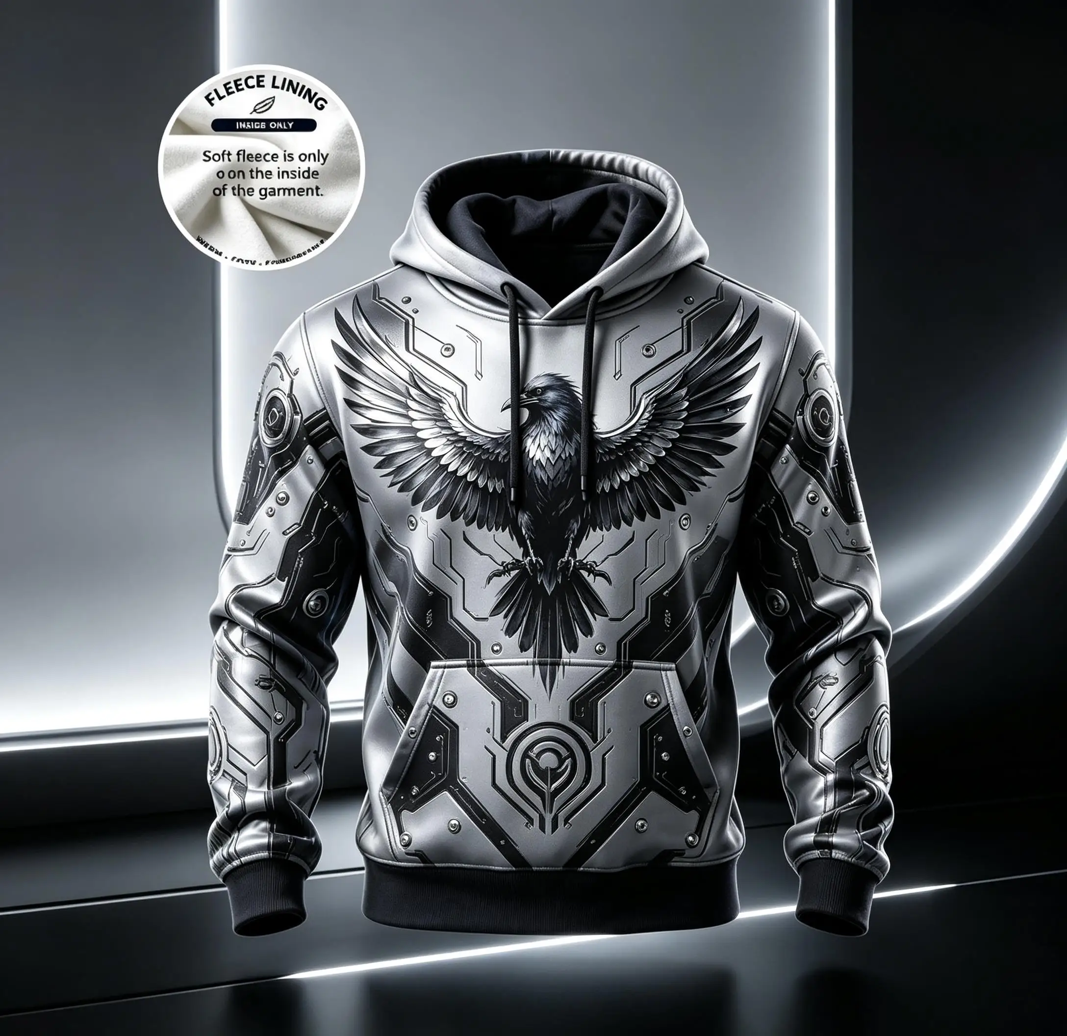 Men Fleece Lined Hoodie Silver Grey Cyber Mechanical Eagle Circuit Print Drawstring Pullover Sweatshirt