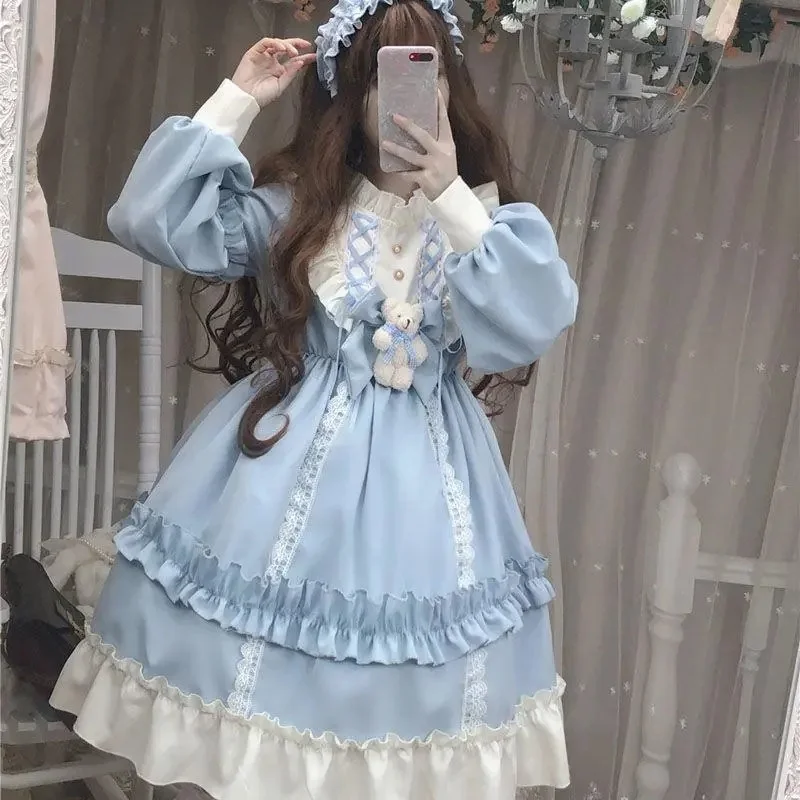 Plus Size 4xl 150Kg Japanse Gothic Lolita Jurk Vrouwen Kawaii Strik Beer Kant Blauwe Jurk Lange Mouw Oversized Prinses Jurk