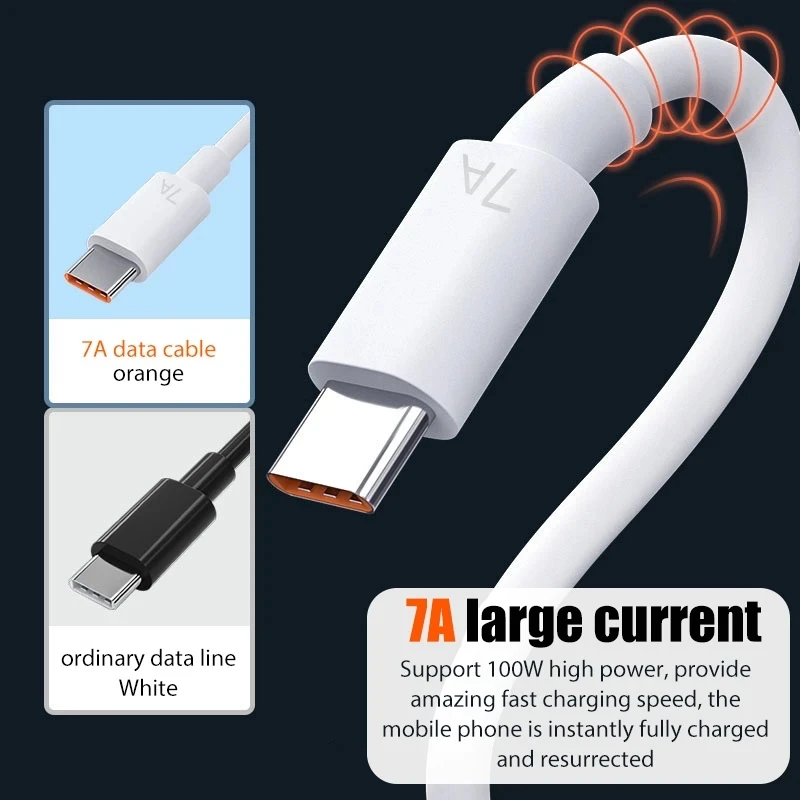 New 7A Superfast USB C Charging Cable For Huawei P40 Pro P30 100W Wire USB Type-C Charger Cord For Samsung S21 ultra S20 Poco