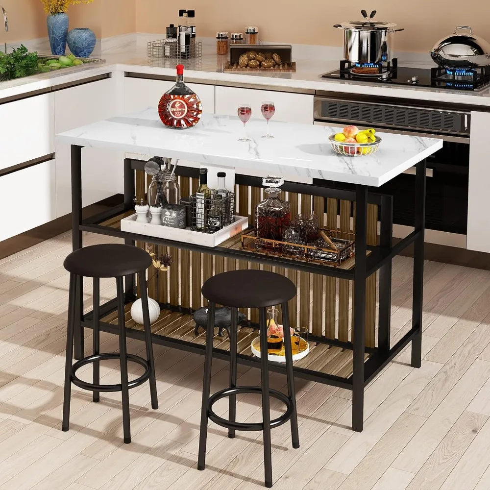Kitchen Island with Seating & Storage Shelf, Faux Marble Island Table for Kitchen, Modern Bar Table and Chairs Set, Customized