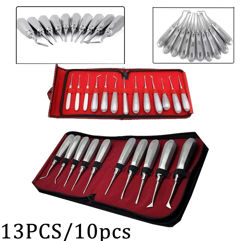 Dental Extraction Kit 10/13Pcs Stainless Steel Curved Root Forceps Plier Hexagon Handle Dental Elevator Surgical Instruments Set