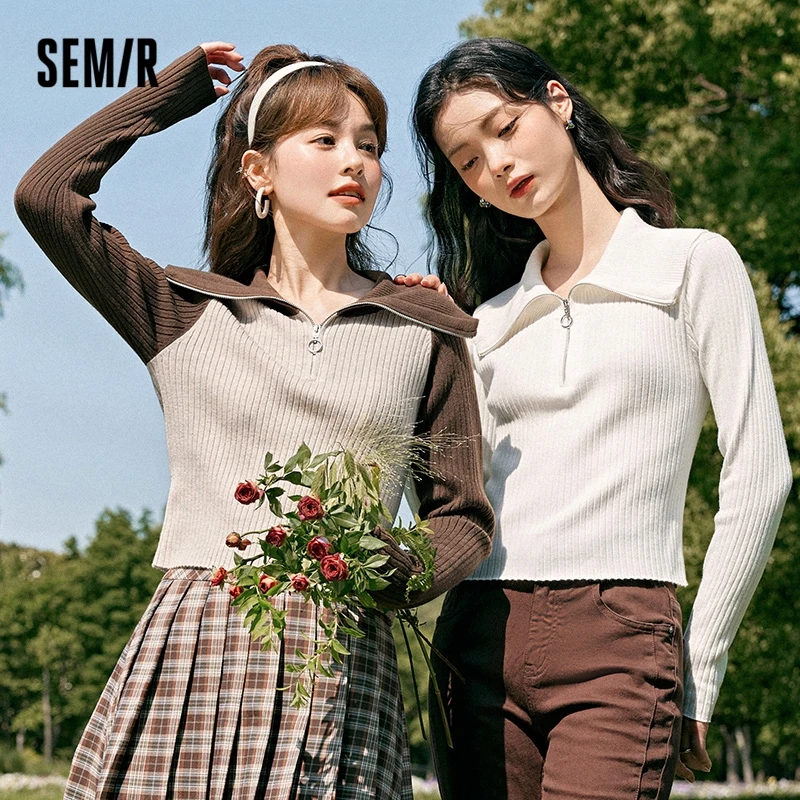 Semir 2023 Women Sweater Autumn New Short Solid Color Simple  Thin Slim Sweater  All-match Temperament Sweater for Women