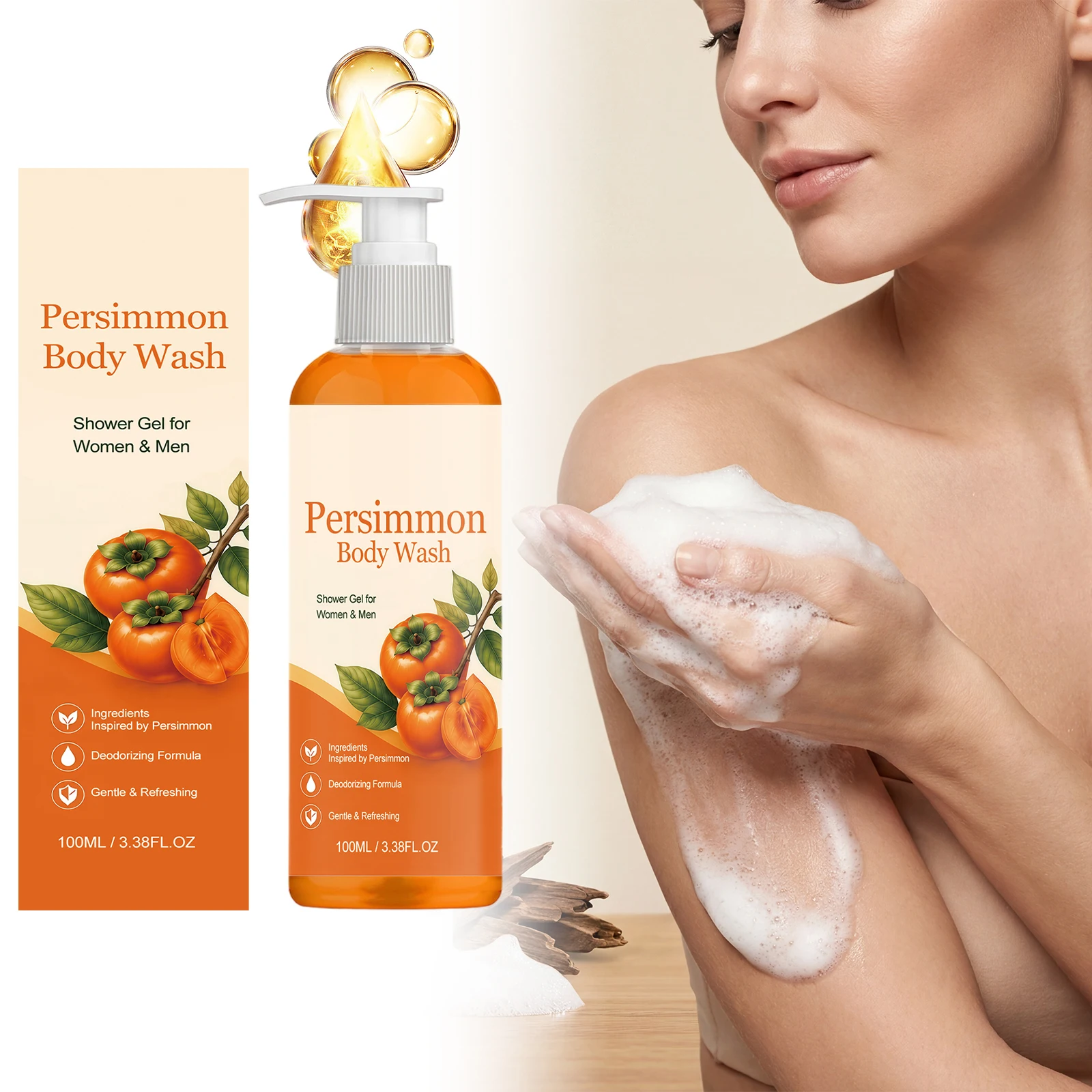 Deodorizing Persimmon Body Wash with Natural Persimmon Purifying Deodorizing Soaps Persimmons Shower Gel for Women & Men