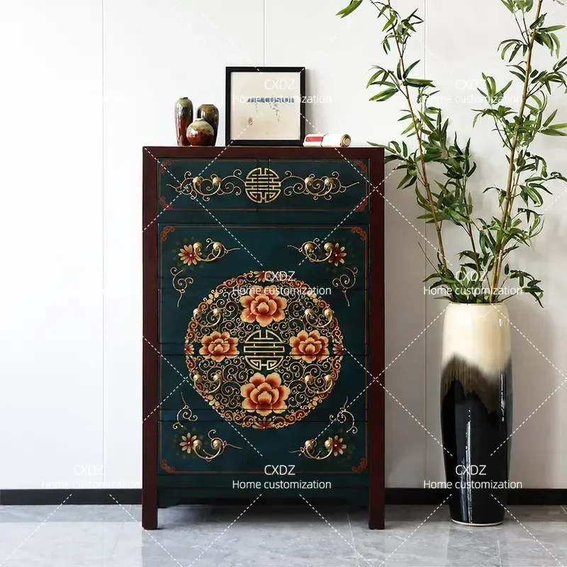 Modern Solid Wood 6 Drawer Chest Cabinet Painted Old Elm Bedroom Wardrobe Side Locker Environmentally Friendly
