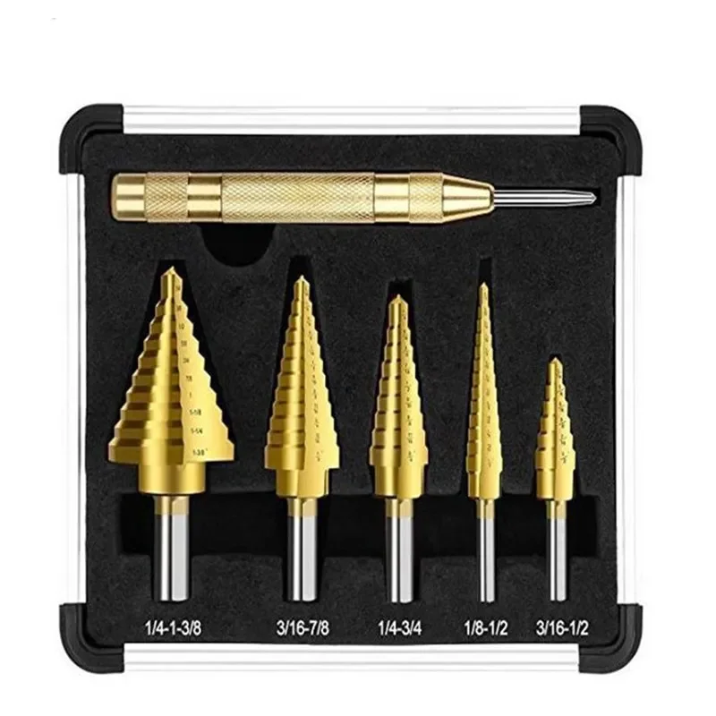 

6pcs Titanium Drill Bit Set Steel Step Drill Bit Cone Multiple Hole 50 Sizes HSS Drill Bit Set Center Punch for Accurate Locator