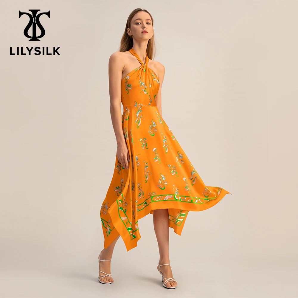 LILYSILK Silk Halter Maxi Dress for Women 2023 New Spring 19 Momme Luxury Ajustable Lace Up Backless Party Wear Free Shipping