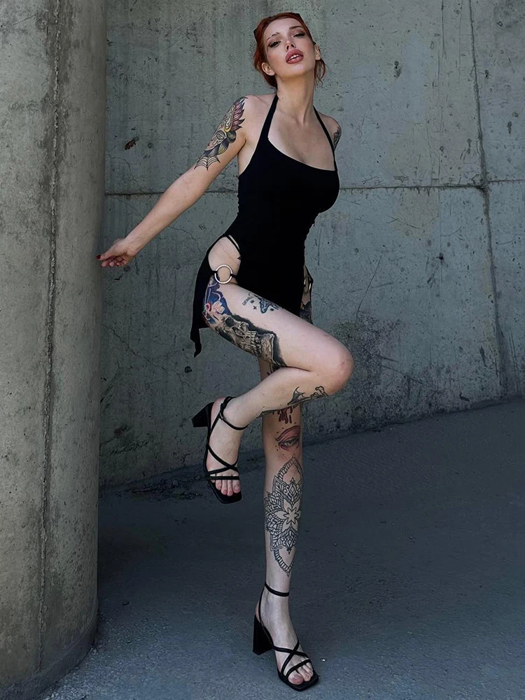 AltGoth Gothic Sexy Dress Women Streetwear Harajuku Y2k Emo High Waist Hollow Out Spaghetti Strap Backless Halter Dress Clubwear