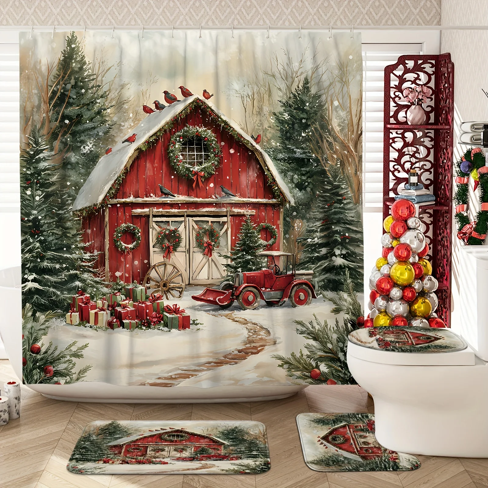 4Pcs Xmas Shower Set, Tree & Red Cardinal, Farmhouse Red Green, Holiday Bath Decor, 12 Hooks, Non-Slip Mat, U-Shaped Cover