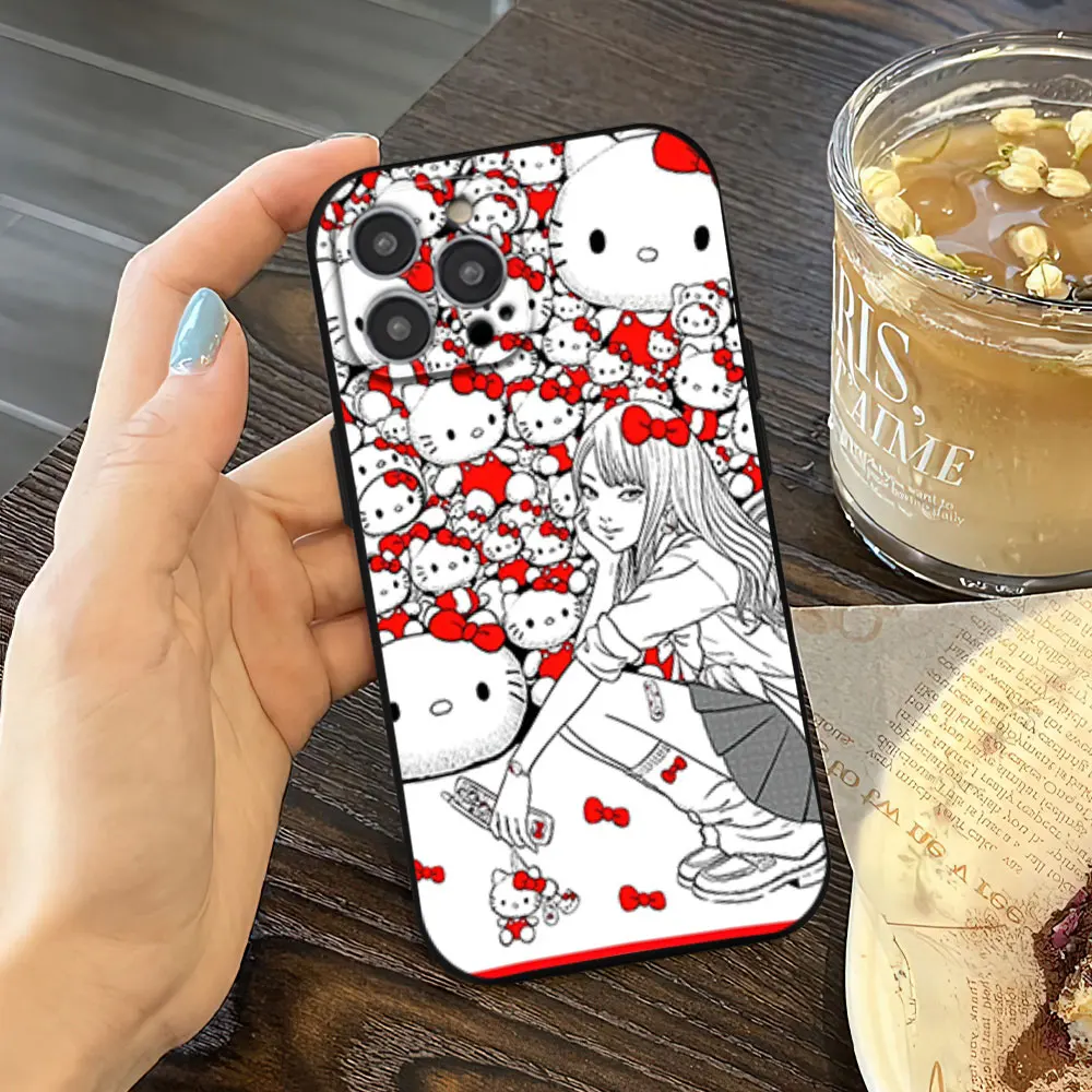 MINISO Hello Kitty Tomie Junji Ito Phone Case For iPhone 11 12 13 14 15 16 Max Pro Plus Black Soft Shell