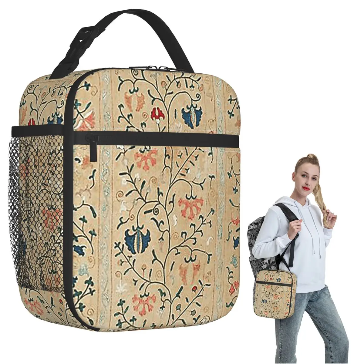 Bolsa térmica para almoço com bordado Suzani Nim do Uzbequistão, para mulheres e crianças, caixas de comida portáteis, bolsa térmica para almoço