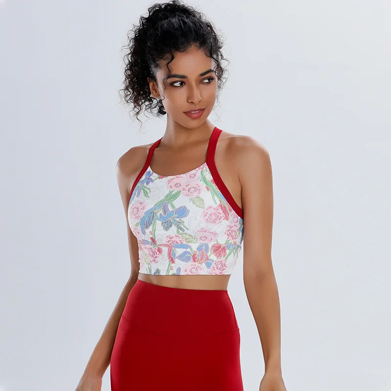 National Style Printed Beautiful Back Sports Underwear Women's Fixed Chest Pad Yoga Bra Shockproof Running Top Training Bra