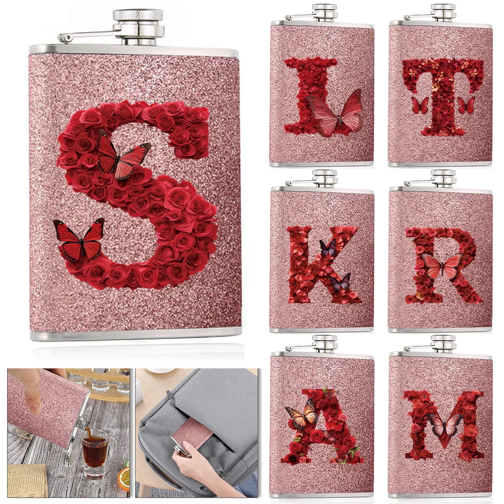 

8oz Metal Wine Hip Flask Pot Durable Alcohol Bottle Outdoor Portable Flask Container Sturdy Wine Red Rose Letter Pattern