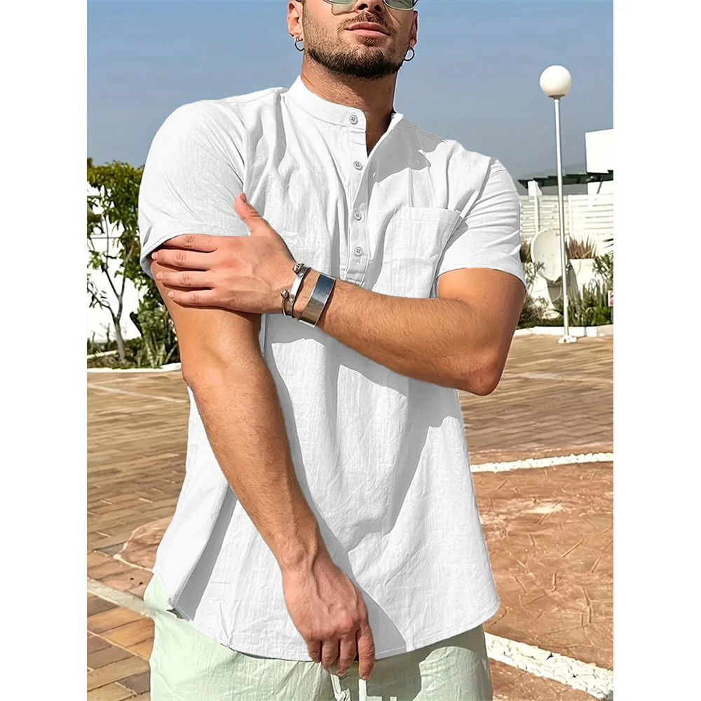 Sommer Heißer Verkauf männer T-shirt Baumwolle Leinen Henley Neck Casual Atmungsaktive Leichte Einfarbig Tasche Taste Tops – Detail 3