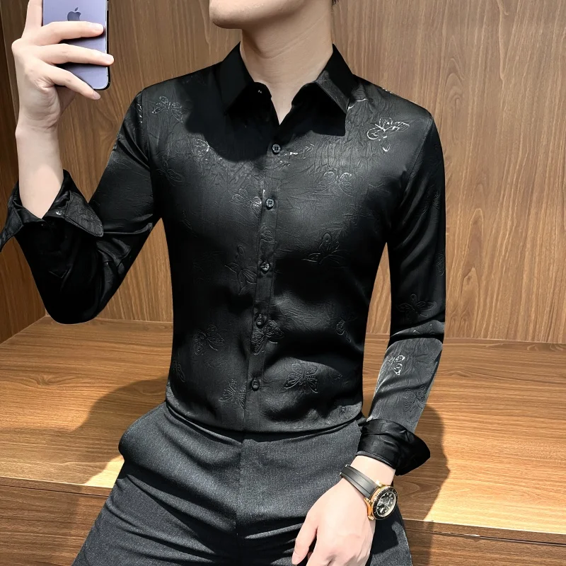 Autumn Long Sleeved Butterfly Jacquard Shirt Men Casual Business Dress Shirts Slim Fit Streetwear Social Party Men Clothing 2025