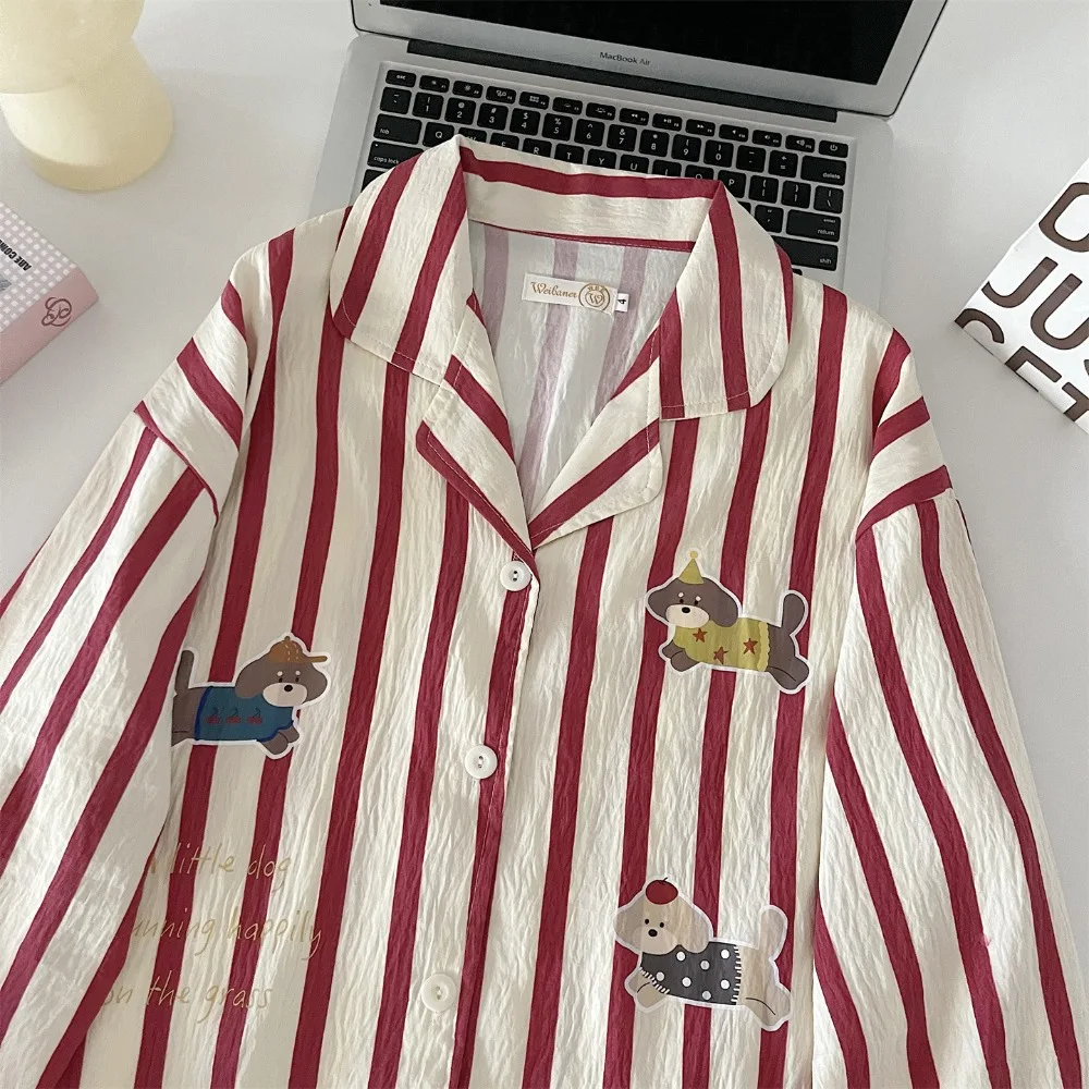 

Женский пижамный комплект с полосатым воротником и принтом собаки, в корейском стиле, из облачного хлопка, для сна и отдыха, с длинными рукавами, на все сезоны