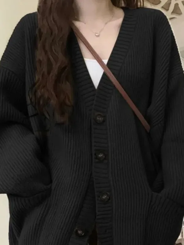 ルーズカーディガン女性長袖 V ネックニット黒だらしないオールマッチ女性秋冬コート韓国シックなだぶだぶのトップス MLQ9