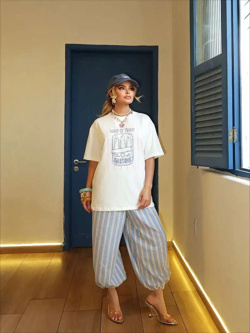 Retro American Summer Ocean Style Fish Print Spicy Girl Loose Pure Cotton Short Sleeve T-Shirt Women's Trendy round Neck Top