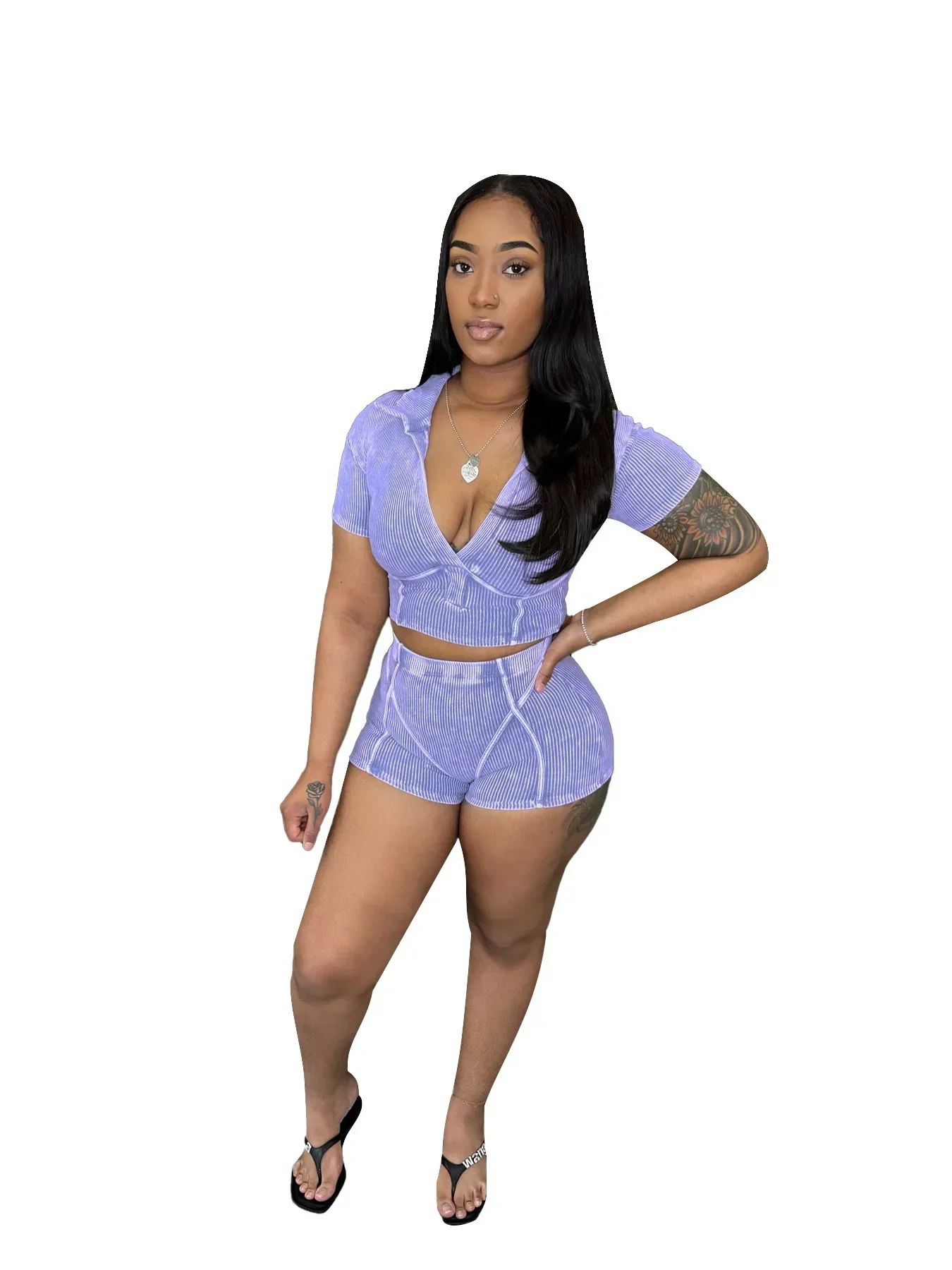 Women\'s Set Knitted V-neck Short Sleeve Washed Crop Top +Pants Suits Street Sweatsuit Two 2 Piece Set Outfit Tracksuit