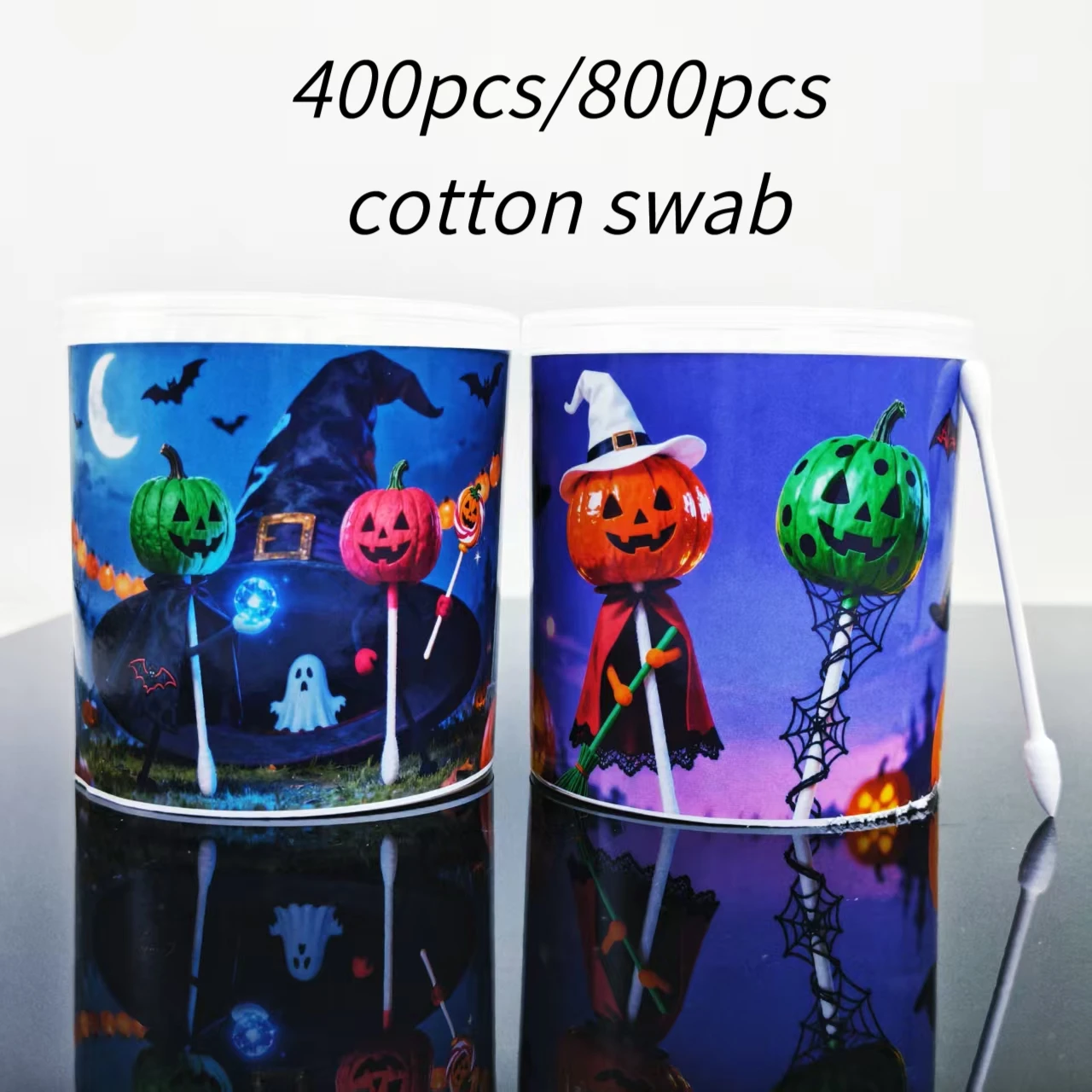 400 Uds./800 Uds hisopos de algodón con temática de Halloween, hisopos de algodón de regalo de vacaciones con patrón de calabaza de punta redonda blanca