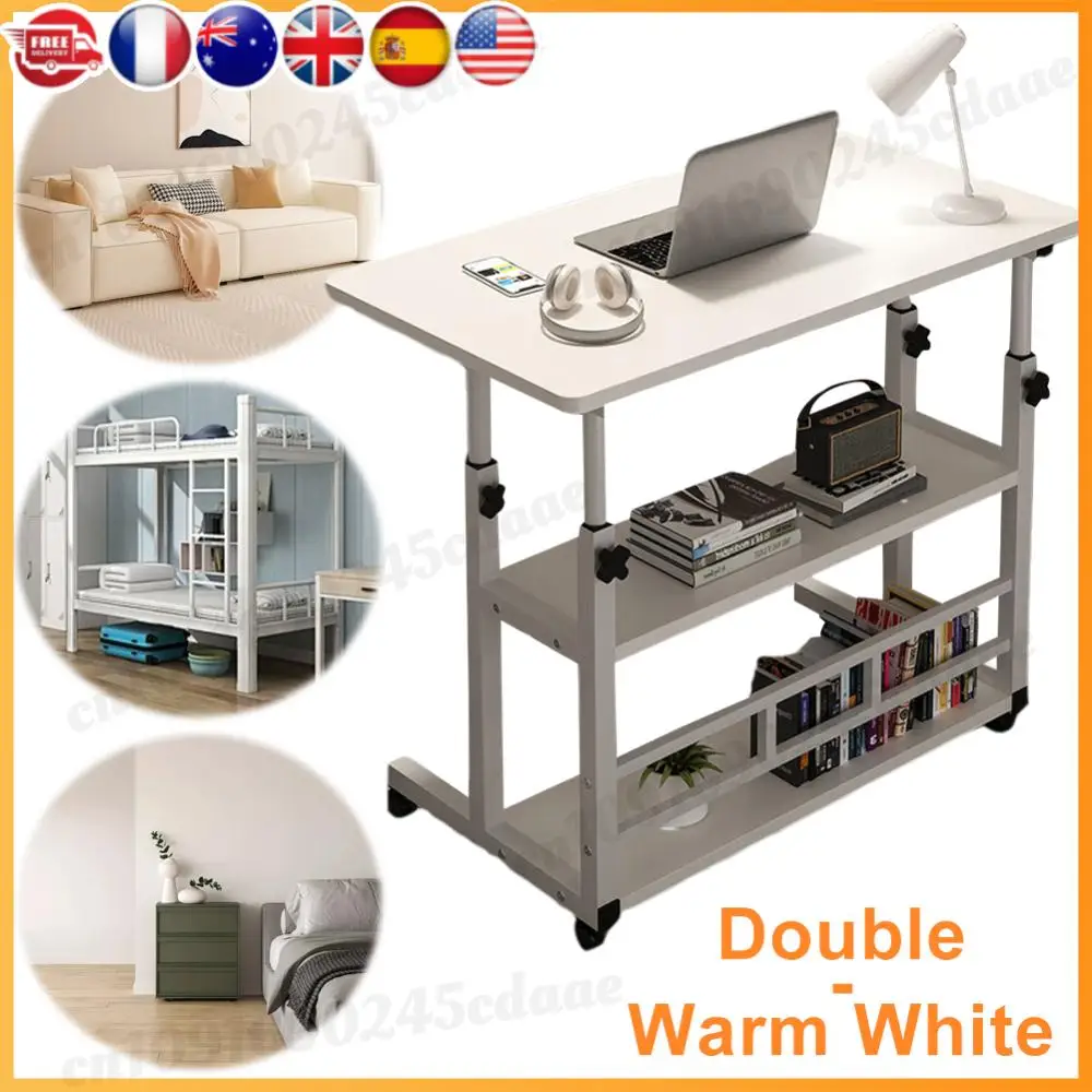 

2-Layer Office Desk Movable Bedside Computer Lazy Table with Storage Shelf Laptop Warm White Bedroom Desk Lift Table Furniture