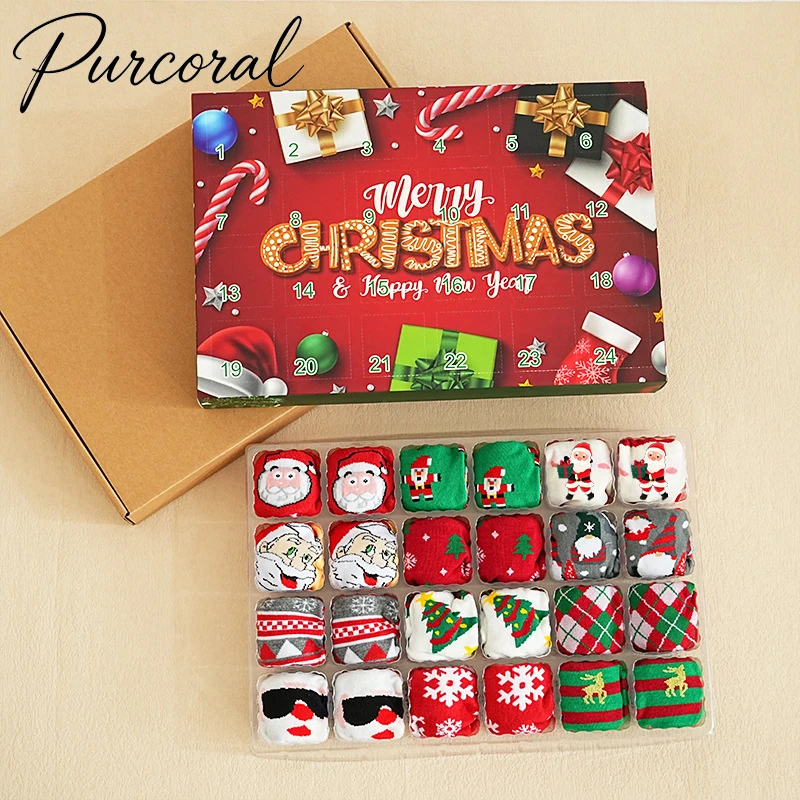 Purcoral 2026 New 12 Pairs Christmas Socks Advent Calendar Gift Box Xmas Countdown Calendar Socks Holiday Surprise Gift