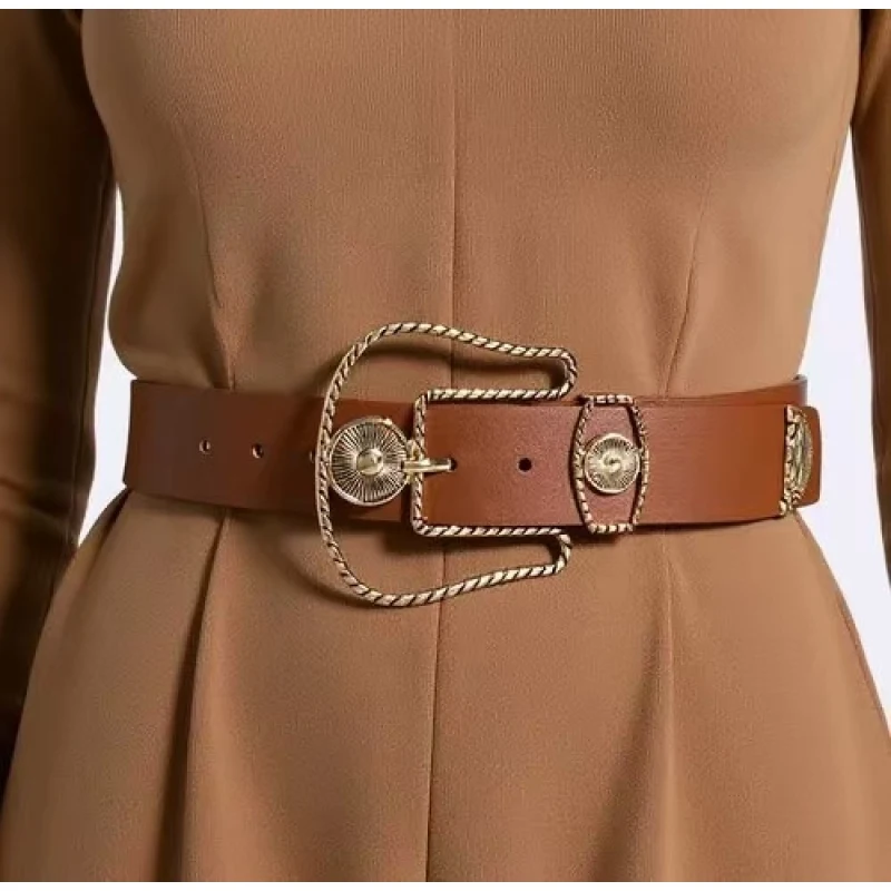New Oversized Buckle Three-Piece Set Hollow-Out Retro Stylish Women's Wide Waistband PU Women's Cross-border Belt