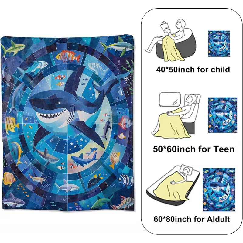 Flannel Blanket with Fun Ocean Design Featuring a Cartoon Shark and Colorful Fish in a Vibrant Underwater Scene 50x60 Inch