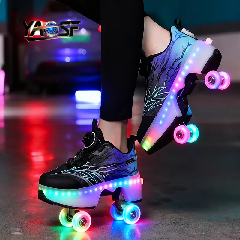 Upgraded version of children's and teenagers' roller skates with illuminated wheels and one click retractable roller skates