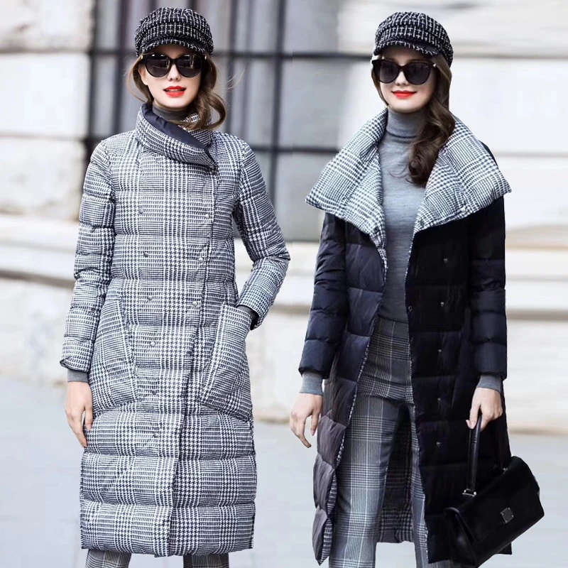 FMFSSOM 2024 New Women Winter Long Duck Down Jacket Thick Double Sided Plaid Coat Female  Warm Down Parka Women Slim