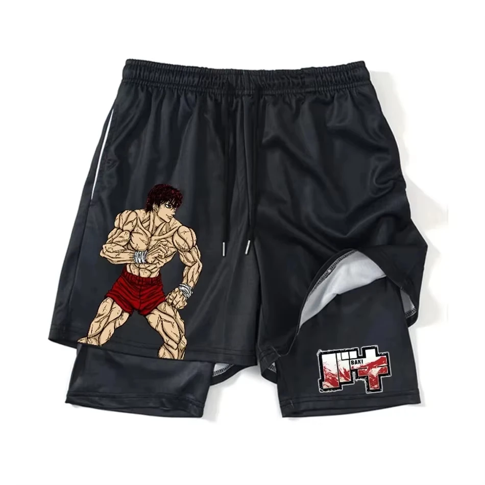 Anime Hanma Baki Gym Shorts Black for Men 2 In1 Mesh Quick Dry Board Shorts Mens Bodybuilding Fitness Running Short Pants Summer