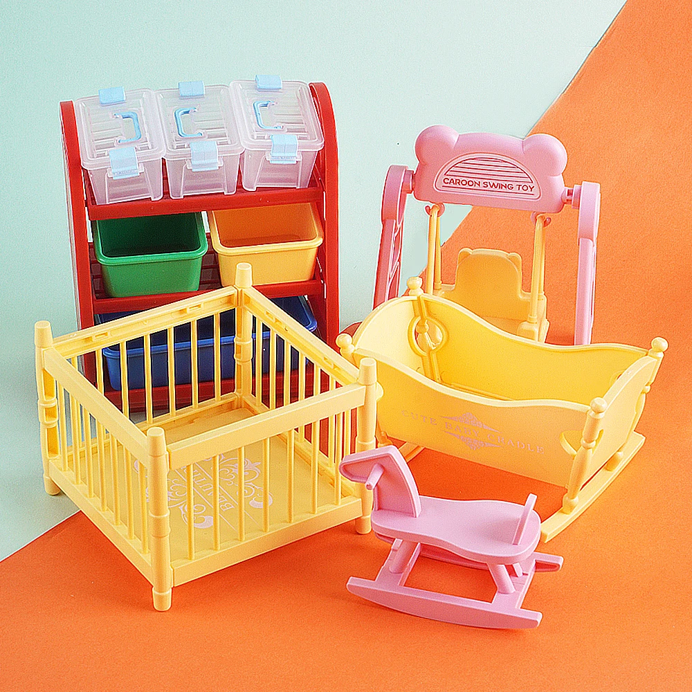 ミニチュア 1:12 DIY フライングチェスセット ドールハウス家具 ベビーベッド ロッキングホース ミニ収納ラック付き 子供用プレイハウスおもちゃ
