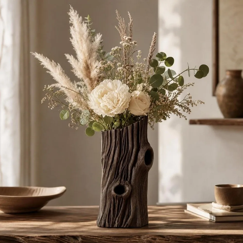 Simple Tree Hole Shape Flower Vase 3D Printed Rustic Style Succulent Pot Desktop Decor Artificial Driftwood Plant Pot Tea Room