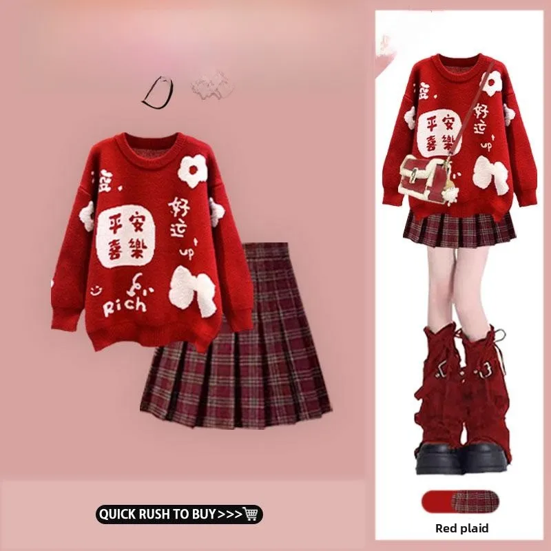

Red Knitted Sweater Women's Loose Slimming Base irt Plaid A-Line Skirt Set Autumn Winter Faion Two-Piece Suit