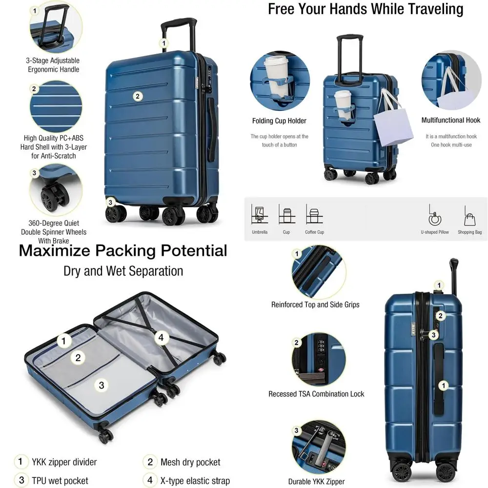 

22 Airline Approved Hardside Carry-On Luggage with Spinner Wheels, TSA Lock, and Cup Holder for Men & Women - Blue