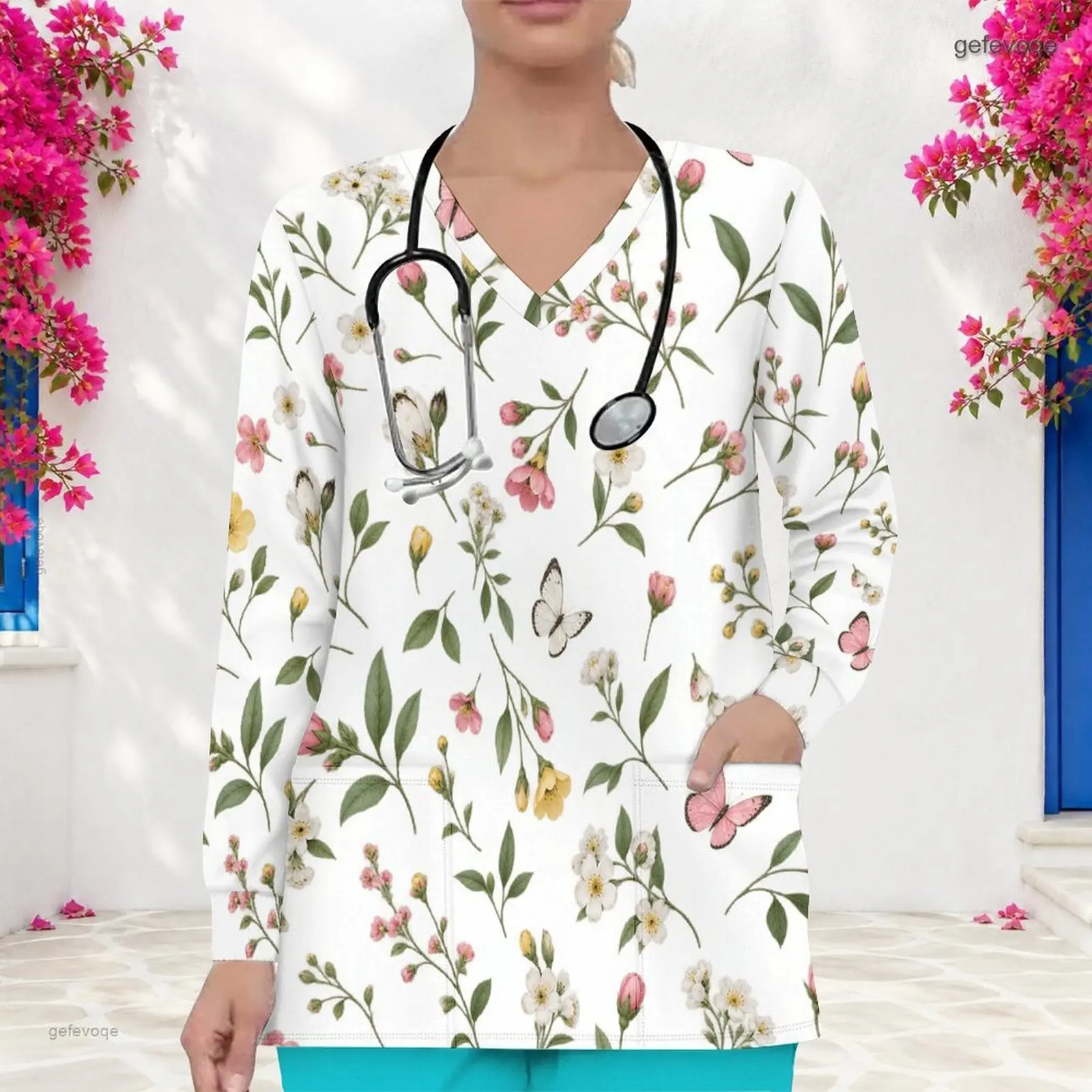 Women White Floral Butterfly Printed V Neck Long Sleeve Scrub Top with Front Pockets