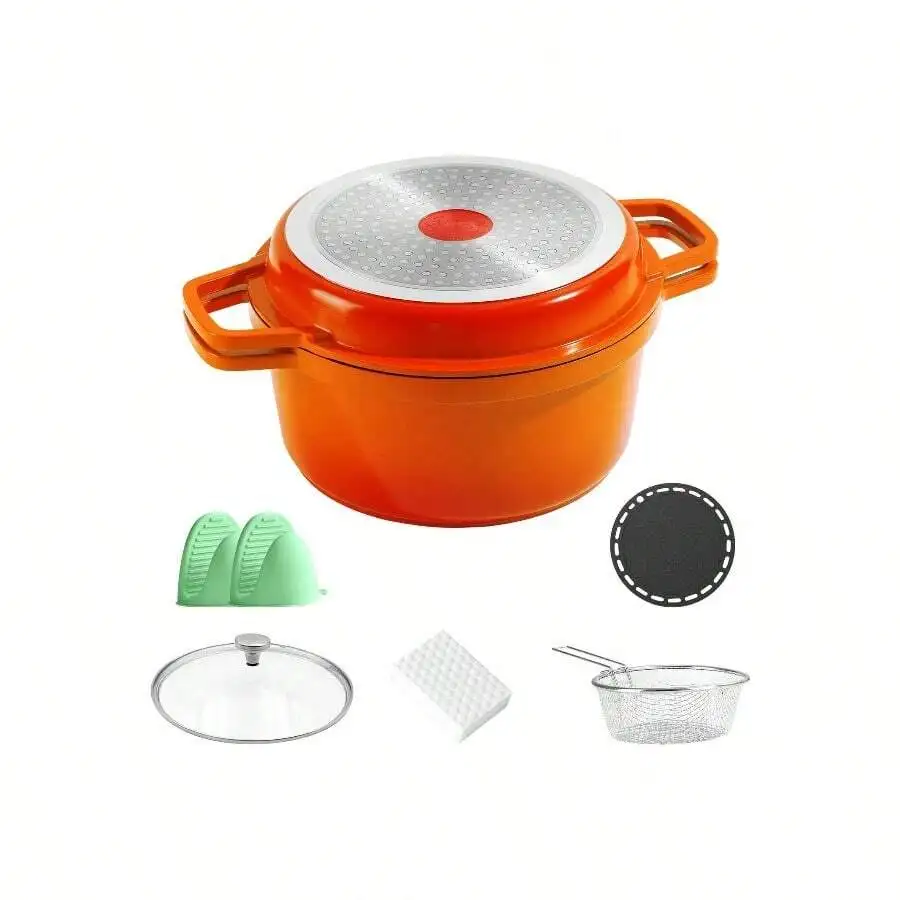 2-In-1 Pre-Seasoned Cast Dutch Oven Pot With Skillet Lid Cooking Pan, Cast Iron Skillet Cookware Pan Set With Dual Handles, Indo