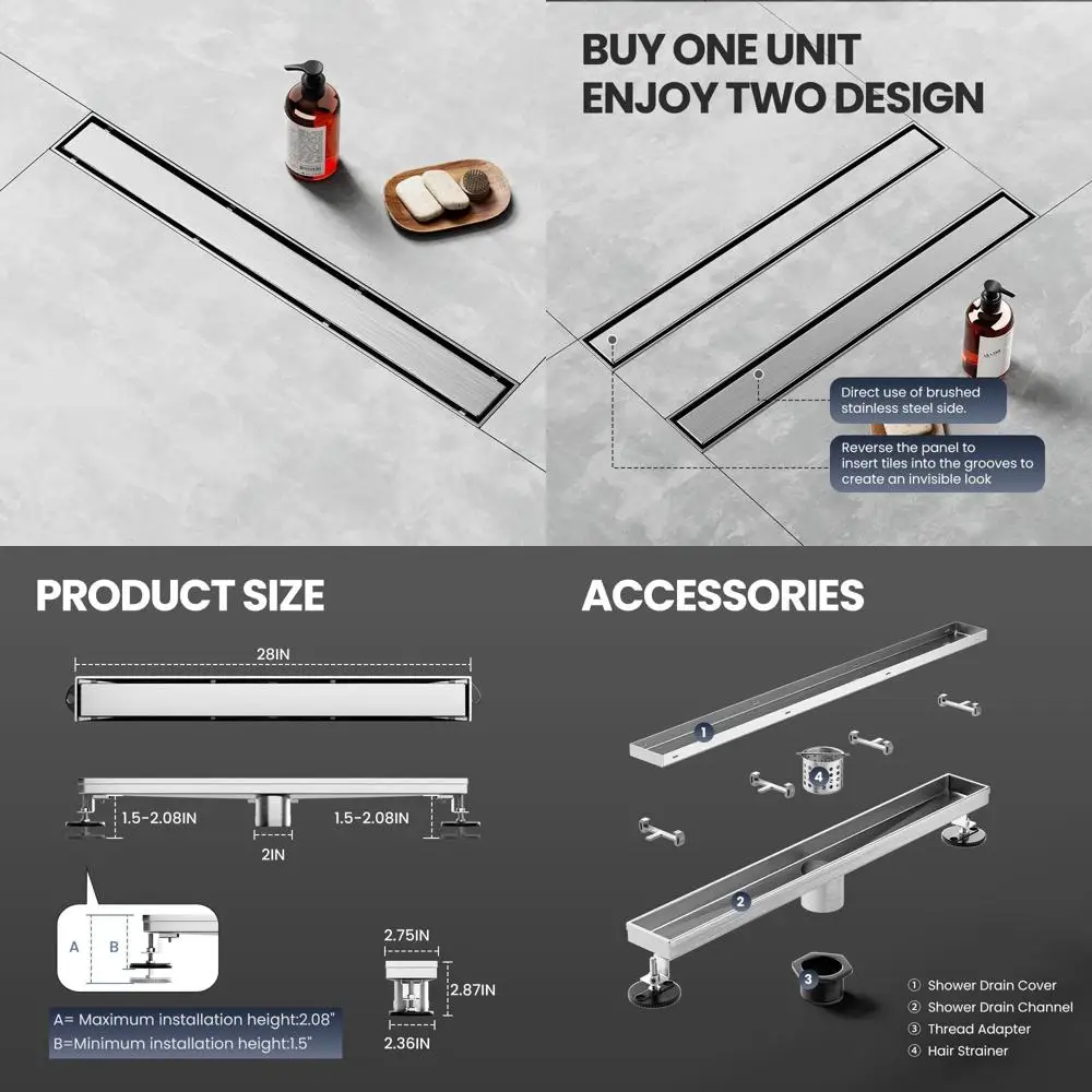 

Stainless Steel 28 Inch Linear Shower Drain with Tile Insert Panel for Bathroom and Kitchen Use