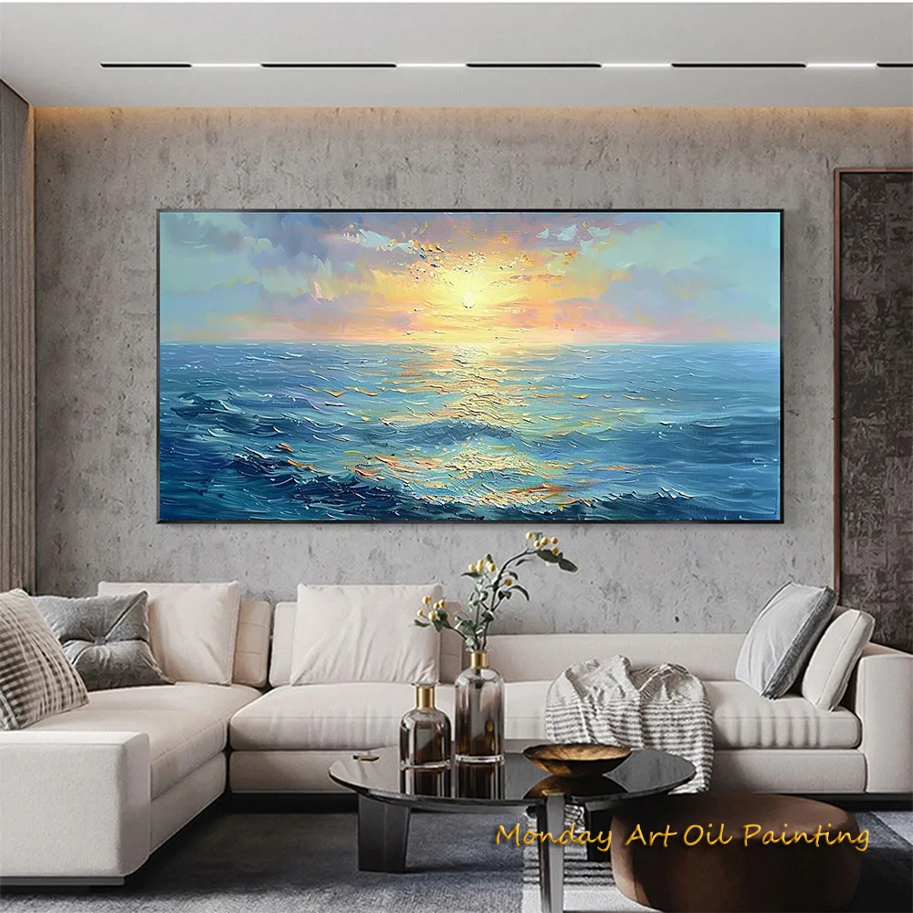 Original Seascape Oil Painting On Canvas Large Textured Sea Landscape Sunrise Ocean Wall Art Custom Modern Trendy Room Decor