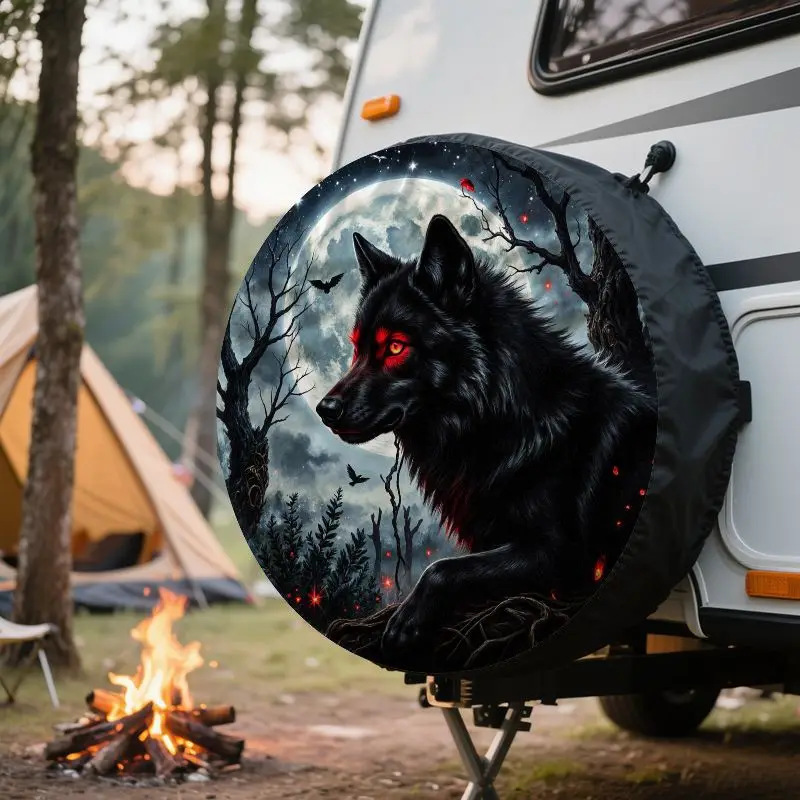 Red Eyed Black Wolf Spare Tire Cover King Full Moon Night Graphic Polyester Protector view 4