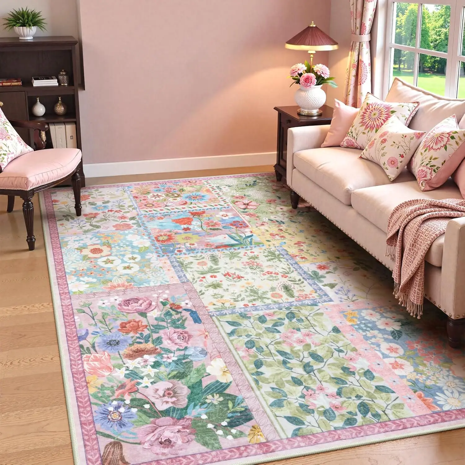 Pink Rugs for Bedroom Girls,Soft Patchwork Pink Rug for Living Room,Non-Slip Nursery Rug Girl, Washable Rugs Carpet for Playroom