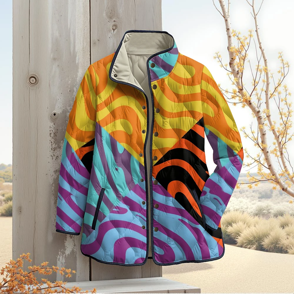 Vibrant Wavy Geometric Jackets Multicolor Design Stylish Stand Collar Side Pockets Winter Clothes Women Coats Trendy Outerwear