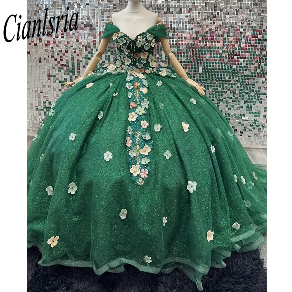 

Зеленые платья Quinceanera с 3D-цветком и длинным шлейфом, милое платье для выпускного вечера на день рождения 15, 16 лет, пышное платье Miss Gala на заказ