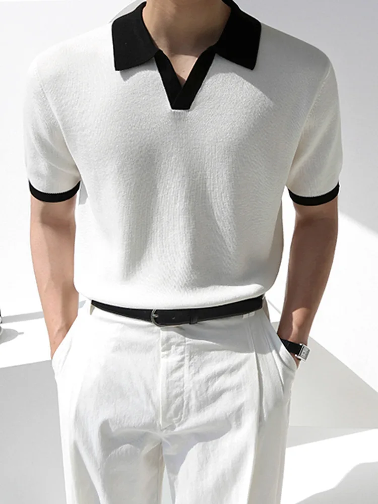 

MYQ Design Colorblock Polo Shirt Short Sleeve Men Summer Business Casual Knitted T-shirt Korean Fashion Short T