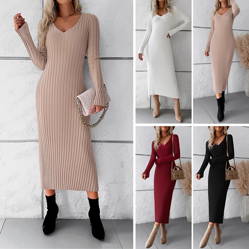 

Fall Winter Women Sweater Dresses Vneck Long Flare Sleeve Knitted Rib Striped Back Bandage Bodycon Lady Elegant MIDI Black Dress