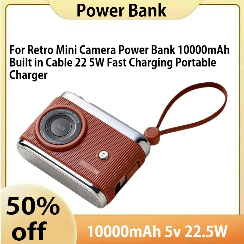

For Retro Mini Camera Power Bank 10000mAh Built in Cable 22 5W Fast Charging Portable Charger