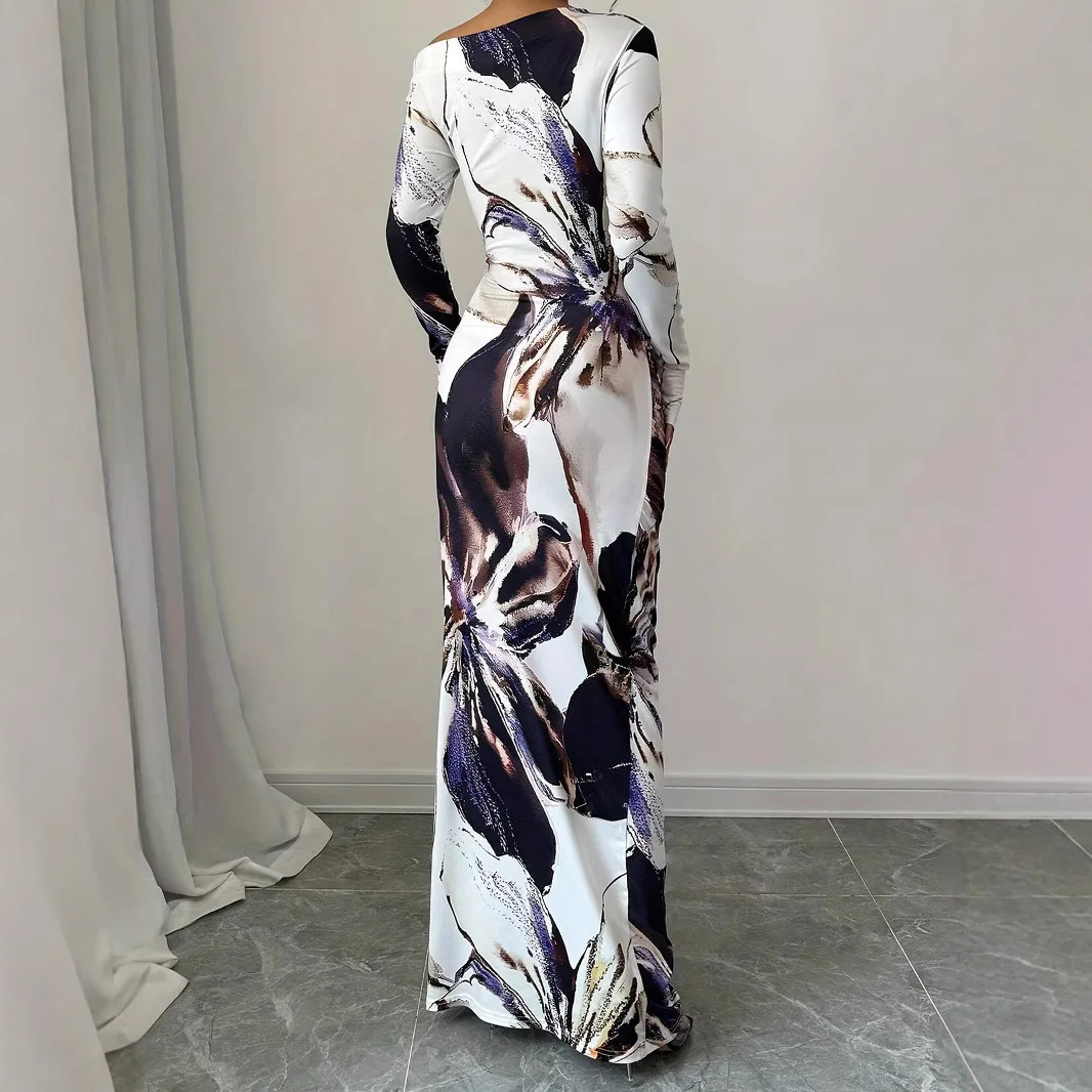 فساتين حريمي 2025 ربيع وخريف جديد خارج الكتف فستان نحيل أنيق زهرة مطبوعة خارج الكتف فساتين طويلة الأكمام الورك #2